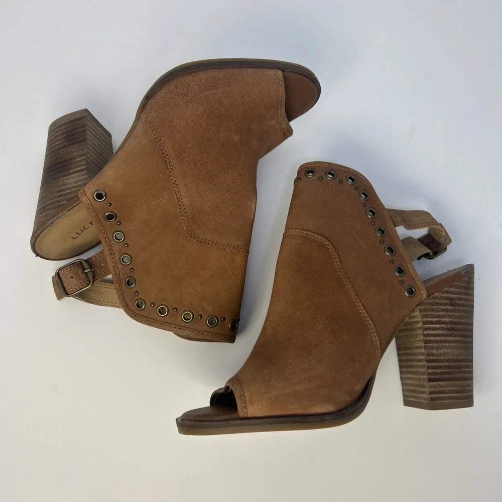 Lucky Brand Lorillar‎ Leather Peep-Toe Heeled Booties – Tan/Toffee – Size 9M
